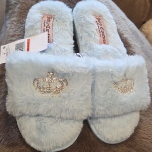 Juicy Couture Sky Blue Fuzzy Slippers Size M 7-8 NWT